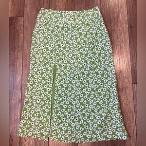 Anthropologie Green Floral Maxi Skirt with White Floral Detailing and Slit